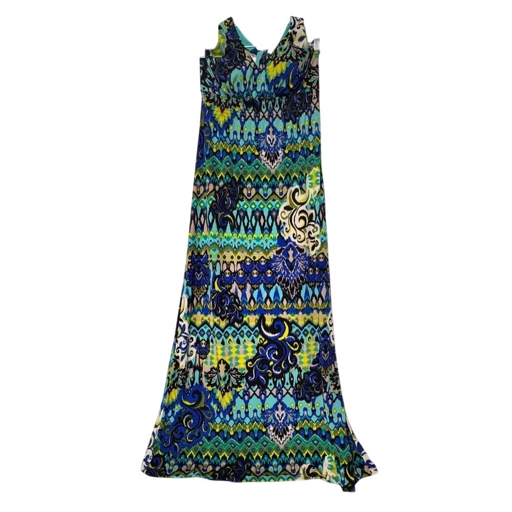 Bisou‎ Bisou Blue and Green Patterned Maxi Dress halter style neckline size 8